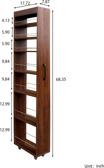 Slim Rolling Storage Cart, 7-Tier Pull-Out Spice Rack with Handle & Wheels, Narrow Kitchen Organizer for Next to Fridge, Pantry, Laundry Room, 7.87 Inch Wide Space Saver (Walnut, Exposed Wheels)