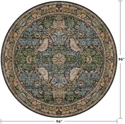 Washable Boho Round Rugs 8ft for Living Room, Ultra Soft Forest Large Circular Area Rugs for Bedroom, Dining Room Under Kitchen Table Non-Slip, Vintage Green Floral Round Floor Carpet Décor