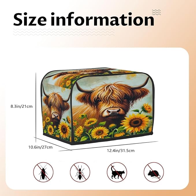 Alpine Cow Sunflower Toaster Cover 4 Slice Wide Slot Washable Kitchen Appliance Covers Fingerprint Bread Machine Dust Cover Small Toaster Oven Accessories Covers Bread Maker Bag Women Gift