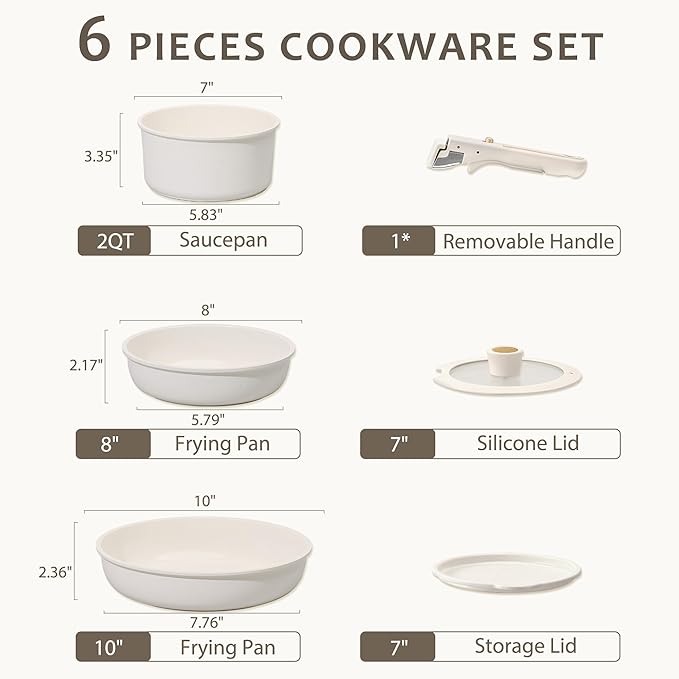 CAROTE 6pcs Pots and Pans Set Non Stick, Cookware Sets, Kitchen Set, Oven/Fridge Safe, Space Saving Pots Set, Nonstick Cooking Set with Versatile Detachable Handle, Induction RV Set