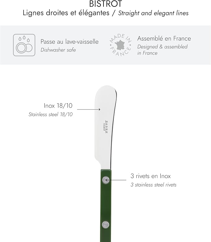 Sabre Paris - Set of 2 Spreader Knives 5.5 inches - Bistrot Collection - Perfect for Butter, Tapenades, Spreads - Stainless Steel & Nylon - Dishwasher Safe - Green - Brilliant Finish