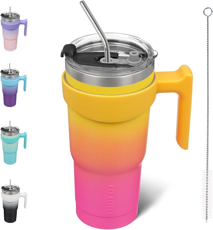 BJPKPK 20 oz Tumbler With Handle And Straw Stainless Steel Insulated Tumbler With Lid Reusable Metal Coffee Cups,Pink & Yellow Rose