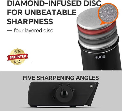 The Innovative Knife Sharpener - Patented Multi-Angle Premium Rolling Knife Sharpener with Extra Replacement Head for Chef's, Fruit, and All Steel Knives (Black)