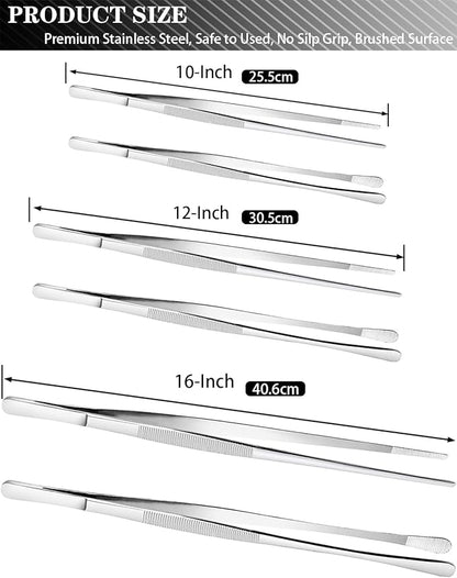 JETKONG 2 Pcs 12-Inch Cooking Tweezers Stainless Steel, Straight Food Tweezers, Professional Kitchen Tweezer/Forceps for Cooking Repairing and BBQ (12-Inch, Silver)