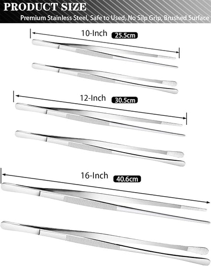 JETKONG 4 Pcs Kitchen Tweezers Tongs Stainless Steel Cooking Tweezers Set, Professional Kitchen Long Tweezer for Cooking, Repairing, and BBQ (10+12-Inch, Silver)