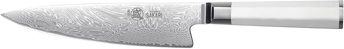 MITSUMOTO SAKARI 8-Inch VG-Pro Damascus Gyuto Knife, Hand Forged Professional Japanese Chef Knife, Ergonomic G10 Handle & Sandalwood Box