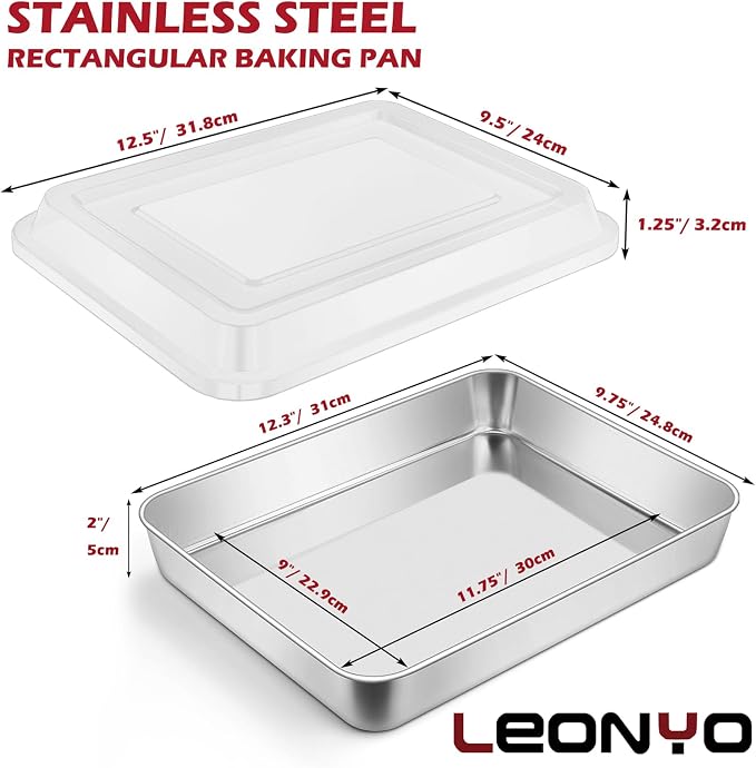 Leonyo Baking Pan with Lid Set of 2, 12⅓ x 9¾ x 2 Inch Stainless Steel Cake Pan for Baking, Refrige & Oven Safe Rectangular Deep Lasagna Pan Tray for Focaccia, Bread, Brownies, Casseroles