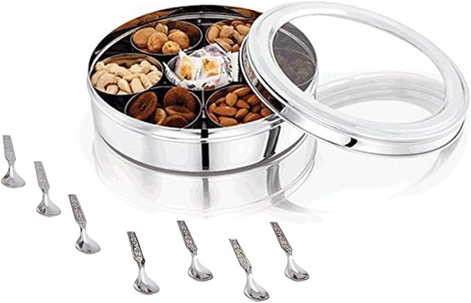 Stainless Steel Spice box with Non Breakable Transparent glass,Stainless Steel Spice Box with 7 container and 7 Small Spoons,Spice Box,Size 12 No,Color-Silver