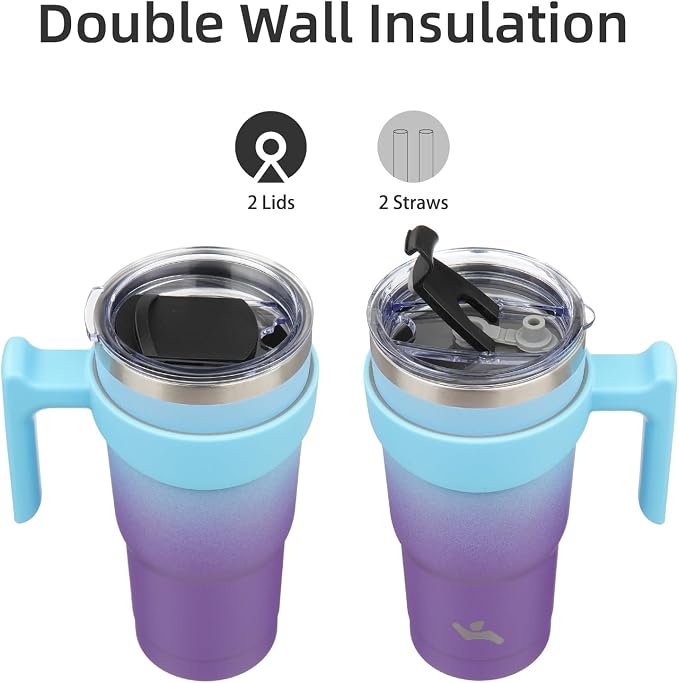 Konokyo 20 oz Tumbler with Handle and 2 Straw 2 Lid, Insulated Water Bottle Stainless Steel Vacuum Cup Reusable Travel Mug,Ocean Dream