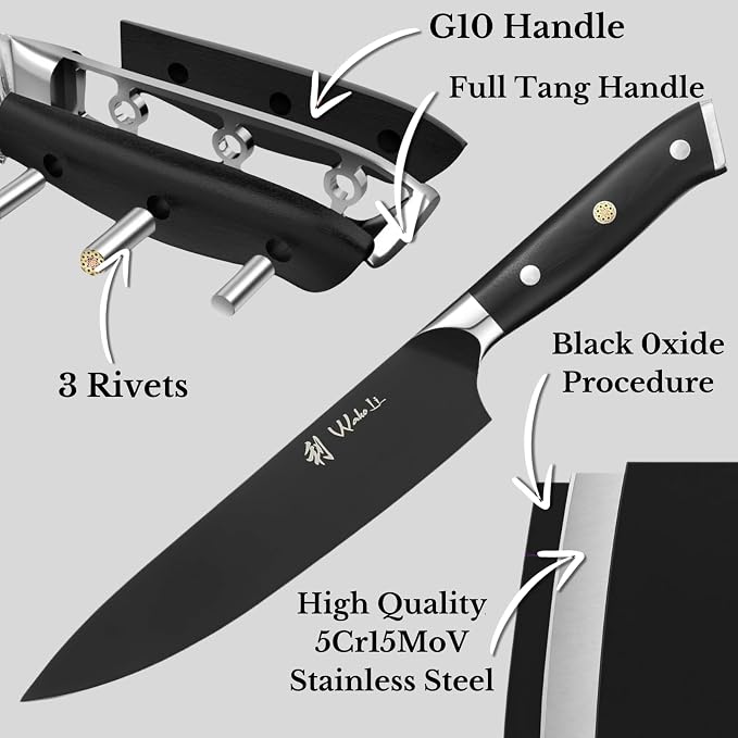 Wakoli Titanium Noir Chef Knife – 7.9-Inch Professional Kitchen Knife | 5Cr15MoV Stainless Steel Blade with Black Titanium Coating | Ergonomic G10 Handle | Multi-Purpose Chef’s Knife in Gift Box