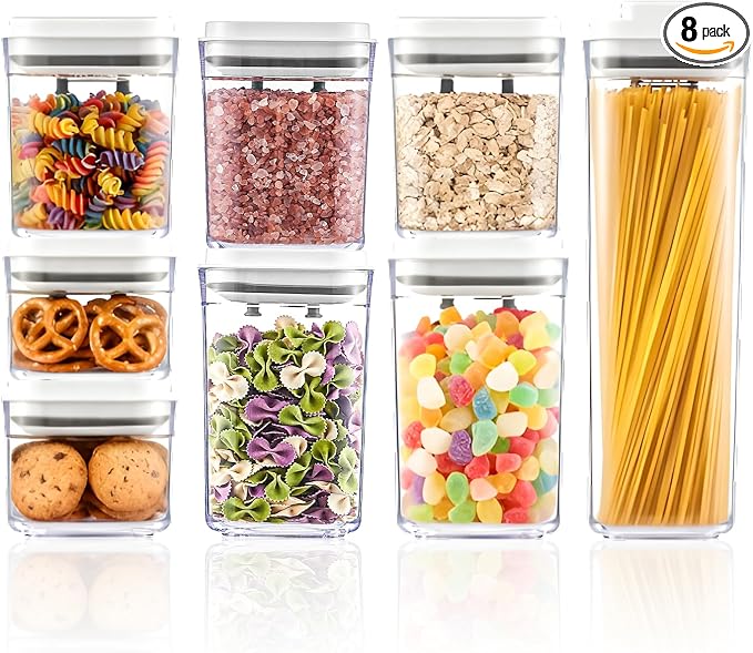 UFORU Pop Top Food Storage Container Set | 8Pcs Airtight Cereal Storage Organizer Canisters with Pop Lids, BPA-Free, Vacuum Seal & One-button Opening, Stackable Pantry Containers for Dry Food Storage