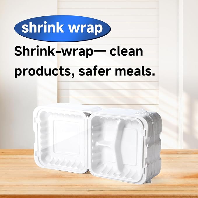 Food Containers 8" 34 oz 55 Pack - Shrink Wrapped Ready to Use | 3 Compartment Mineral Filled PP Clamshell | Microwave & Freezer Safe | BPA Free White To Go Boxes for Meal Prep & Leftovers