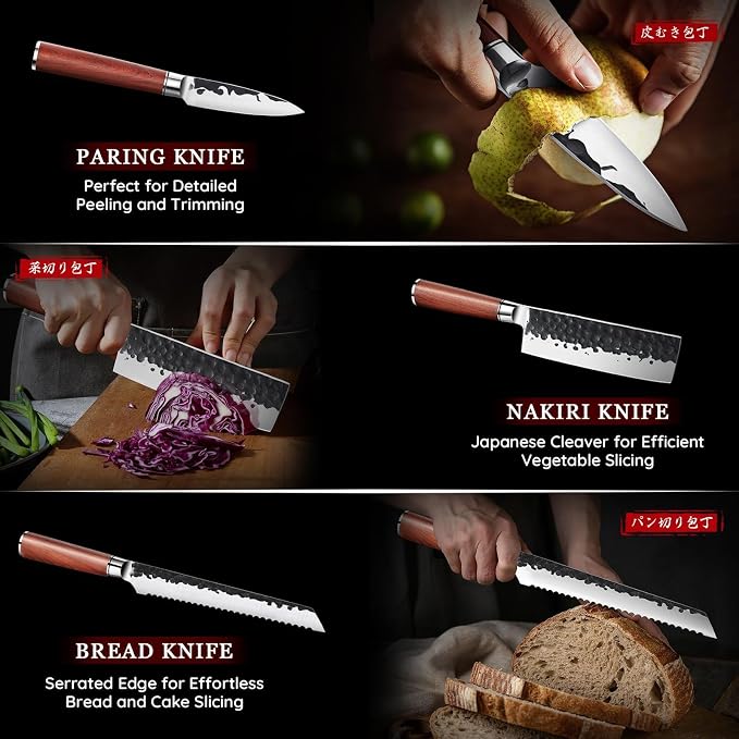 Huusk Japanese Chef Knife Set 6 pcs, Kitchen Knives with Hand-forged High Carbon Steel Blade, Sharp Cooking Knife Set with Ergonomic Wood Handle, Professional Kitchen Knives Sets, Gift Idea for Men