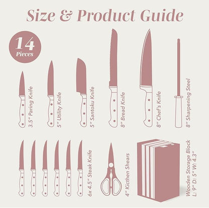 COOK WITH COLOR 14 Pieces Kitchen Knife Block Set, Knives for Kitchen, Forged Cutlery with Razor-Sharp High Carbon Steel Blades, Magnetic Block
