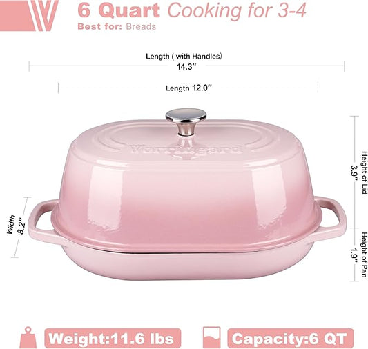 VORRINGARD Enameled Cast Iron Dutch Oven Pot with Dome Lid, Oval Bread Oven for Homemade Sourdough Bread Baking, Oven Safe up to 500°F, 6 Quart, Pink