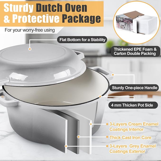 P&P CHEF 5Qt Dutch Oven Pot for Bread Baking (Gray), 2 In 1 Round Cast Iron Dutch Oven with Lid Set, Skillet & Pot for Roasting Braising Stewing Frying Simmering, Multi Stoves & Oven Safe