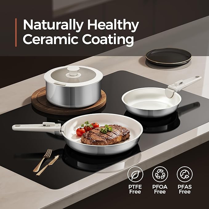 5PCS Pots and Pans Set Non Stick, Diamond-Titanium Ceramic Cookware Set & 3 Layer Stainless Steel with Detachable Handle, Induction Cookware, Non Toxic Oven/Dishwasher Safe, White