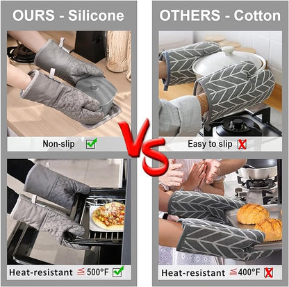 KEGOUU Oven Mitts and Pot Holders 6pcs Set, Kitchen Oven Glove High Heat Resistant 500 Degree Extra Long Oven Mitts and Potholder with Non-Slip Silicone Surface for Cooking (Grey)