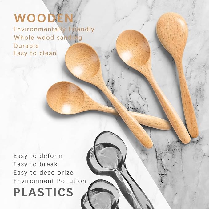 4 PCS Wooden Spoons for Honey, 6.7 inch Small Wooden Spoons - Terrific for Tea, Coffee & Soup, Little Beech Wood Serving Table Spoon Set, Bulk Bamboo Teaspoon for Eating with Unique Design