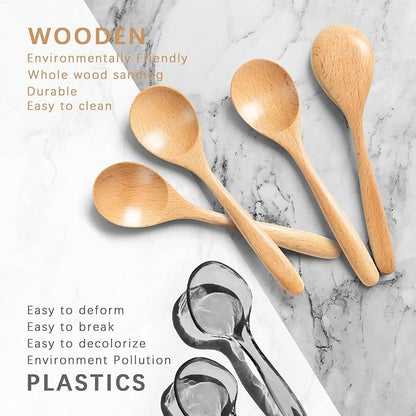 4 PCS Wooden Spoons for Honey, 6.7 inch Small Wooden Spoons - Terrific for Tea, Coffee & Soup, Little Beech Wood Serving Table Spoon Set, Bulk Bamboo Teaspoon for Eating with Unique Design