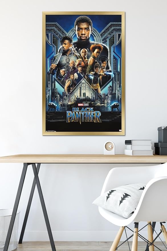 Trends International Marvel Cinematic Universe - Black Panther - Group One Sheet Wall Poster, 22.375" x 34", Gold Framed Version