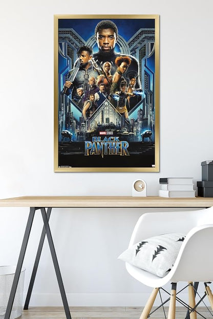 Trends International Marvel Cinematic Universe - Black Panther - Group One Sheet Wall Poster, 22.375" x 34", Gold Framed Version
