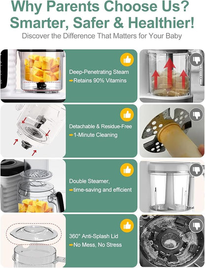 MOMYEASY Baby Food Maker, Multifunction Processor Chopper Grinder, Baby Food Steamer and Puree Blender in-One, with Bottle Warmer, Auto Cooking & Grinding with Touch Control Panel