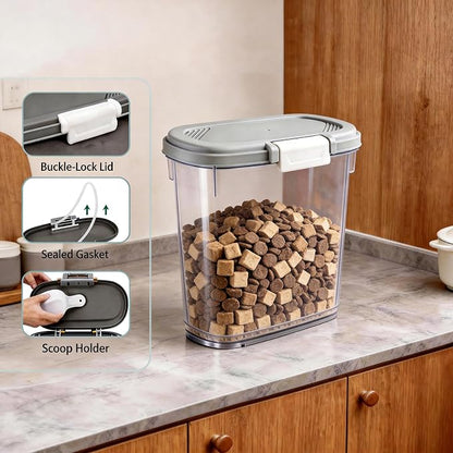 Gray White Airtight Dog Cat Food Storage Container 10 Lbs - Slim Tall Pet Food Treat Container with Lid, Scoop and Cup - Clear Plastic Dry Food Storage Bin for Dogs, Cats, Bird Seeds, Kibble, Pellets
