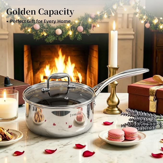 DELUXE Hybrid Ceramic Nonstick 3-Quart Saucepan with Tempered Glass Lid, Stay-Cool Handle, Dishwasher Oven Safe, Induction Ready, PFOA Free Compatible with All Cooktops for Breakfast,Daily Cooking