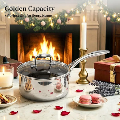 DELUXE Hybrid Ceramic Nonstick 3-Quart Saucepan with Tempered Glass Lid, Stay-Cool Handle, Dishwasher Oven Safe, Induction Ready, PFOA Free Compatible with All Cooktops for Breakfast,Daily Cooking