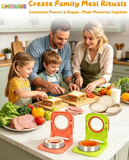 CHICHAUS Uncrustable Sandwich Maker,Sandwiches Pocket Circle Shape 3.7Inch Sandwich Cutter and Sealer,Sandwich Cutter for Kids Breakfast and lunchboxes (Green/Orange)