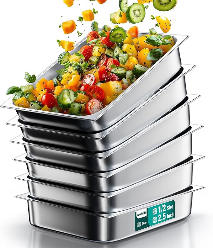 WantJoin Steam Table Hotel Pans 1/2 Half Size 2.5 Inch Deep 6 Pack, Stainless Steel Metal Tray Sets Food Storage Container for Restaurant Chafing Dishes Commercial Buffet Catering Supplies