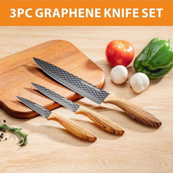 3-Piece Graphene Knife Set, 8" Chef Knife, 5" Utility Knife, 3.5" Paring Knife, High Carbon Stainless Steel, Nonstick Graphene Coating, Ergonomic Wood-Grain Handle, Black