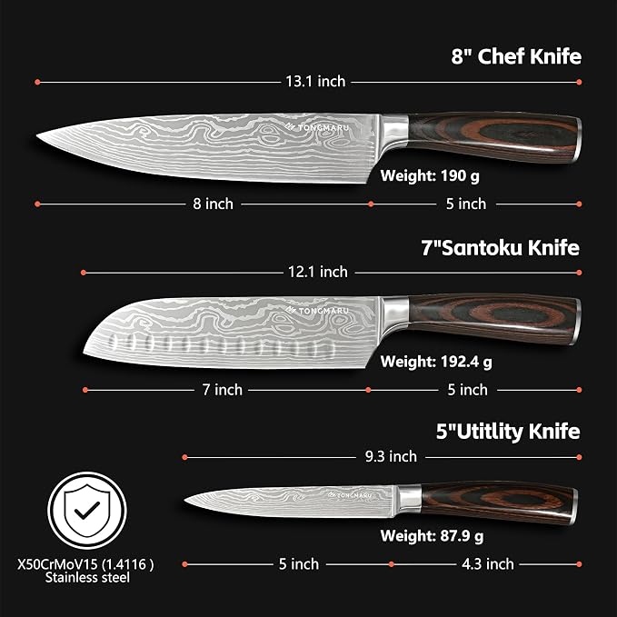 Professional Kitchen Chef Knife sets, Razor Sharp Premium High Carbon German Steel 3 pcs Knife Set, Ergonomic Forged Pakkawood Handle, Chef, Santoku & Utility Knife, With Premium Gift Box, for Family