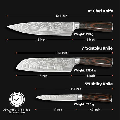Professional Kitchen Chef Knife sets, Razor Sharp Premium High Carbon German Steel 3 pcs Knife Set, Ergonomic Forged Pakkawood Handle, Chef, Santoku & Utility Knife, With Premium Gift Box, for Family