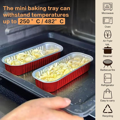Mini Cake Pans with Lids and Spoons 200 Pack, Mini Loaf Pans with lids 6.8oz, Small Disposable Aluminum Foil Loaf Pans, Rectangular Baking Container for Party, Picnics and Housewarming (Red)