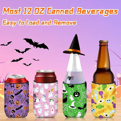 Halloween Can Cooler Sleeves, 18pcs Halloween 12 oz Cold Drinks Beer Drink Can Bottle Cooler Sleeves for Halloween Party Favors Decorations Supplies