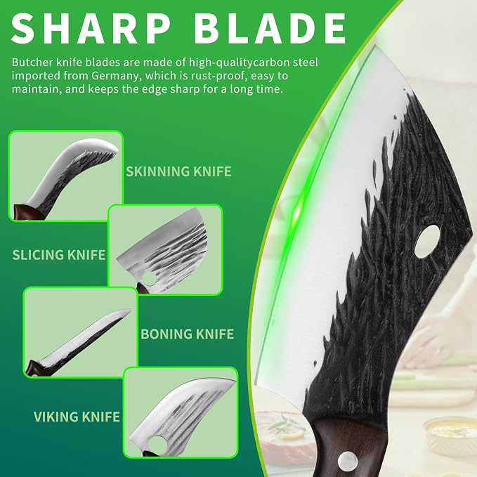 FULLHI 17pcs Butcher Chef Knife Set with Sheath High Carbon Steel Cleaver Kitchen Knife Whole Tang Vegetable Cleaver for Home BBQ Camping with Knife Bag