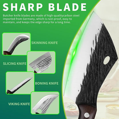 FULLHI 17pcs Butcher Chef Knife Set with Sheath High Carbon Steel Cleaver Kitchen Knife Whole Tang Vegetable Cleaver for Home BBQ Camping with Knife Bag