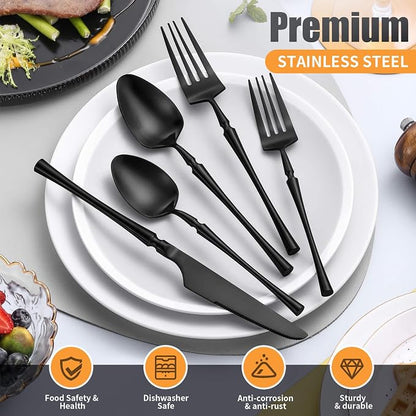 Lemeya 20 Piece Matte Black Silverware Set,18/10 Stainless Steel Flatware Set Service for 4,Unique Cutlery Set with Canton Tower Handle,Forks Spoons and Knives Set,Dishwasher Safe