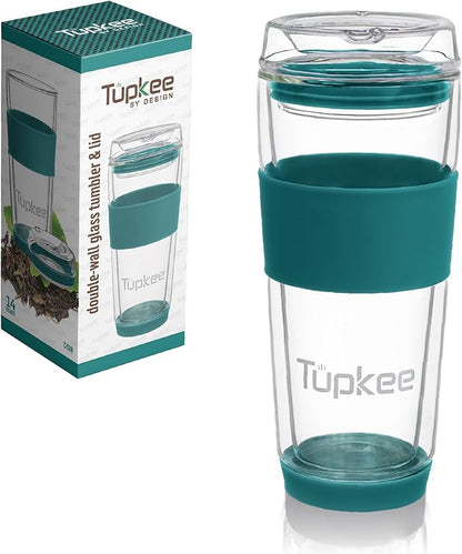 Double Wall Glass Tumbler - 14-Ounce, All Glass Reusable Insulated Tea/Coffee Mug & Lid, Hand Blown Travel Mug - Cyan