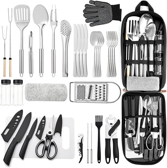 THTYBROS Portable Camping Kitchen Utensil 34 Pcs Set- Cookware Kit, Stainless Steel Outdoor Cooking and Grilling Utensil Organizer Travel Set Perfect for Travel, Picnics, RVs, Camping, BBQs, Parties