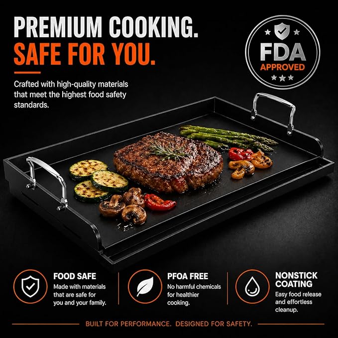 Cast Iron Griddle for Gas Grill, 25" x 16" Nonstick Flat Top Grill Griddle Plate, No Seasoning Required, Heavy Duty Outdoor BBQ Griddle with Grease Drain for Camping, Tailgating and Backyard Cooking