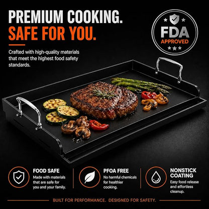 Cast Iron Griddle for Gas Grill, 25" x 16" Nonstick Flat Top Grill Griddle Plate, No Seasoning Required, Heavy Duty Outdoor BBQ Griddle with Grease Drain for Camping, Tailgating and Backyard Cooking