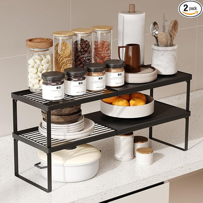 Magheo Expandable Cabinet Shelf Organizer, 2 Pack Stackable Kitchen Counter Shelf Riser, Metal Spice Rack Heavy Duty Countertop Organizer Storage for Kitchen, Pantry, Cupboard, Rv (5.9in Height,Black)