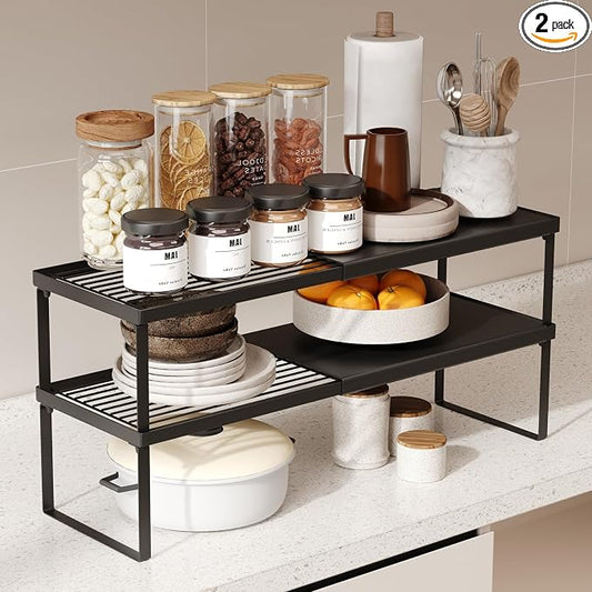 Magheo Expandable Cabinet Shelf Organizer, 2 Pack Stackable Kitchen Counter Shelf Riser, Metal Spice Rack Heavy Duty Countertop Organizer Storage for Kitchen, Pantry, Cupboard, Rv (5.9in Height,Black)