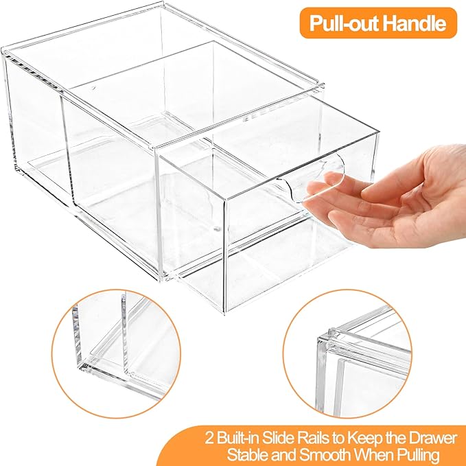 Foraineam 4 Pack Stackable Storage Containers Makeup Organizer Drawers, Acrylic Storage Bins with Pull-Out Drawers, Clear Plastic Cosmetic Display Case For Vanity, Cupboard, Pantry, Kitchen Cabinet