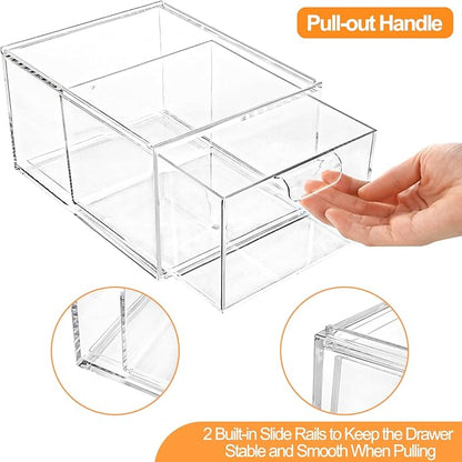 Foraineam 4 Pack Stackable Storage Containers Makeup Organizer Drawers, Acrylic Storage Bins with Pull-Out Drawers, Clear Plastic Cosmetic Display Case For Vanity, Cupboard, Pantry, Kitchen Cabinet