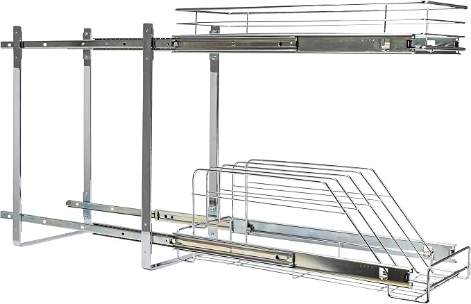 Household Essentials Glidez Multipurpose Chrome-Plated Steel Pull-Out/Slide-Out Dual-Sliding Storage Organizer for Cookware and Bakeware - 2-Tier Design - Fits Standard Size Cabinet or Shelf, Chrome