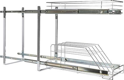 Household Essentials Glidez Multipurpose Chrome-Plated Steel Pull-Out/Slide-Out Dual-Sliding Storage Organizer for Cookware and Bakeware - 2-Tier Design - Fits Standard Size Cabinet or Shelf, Chrome